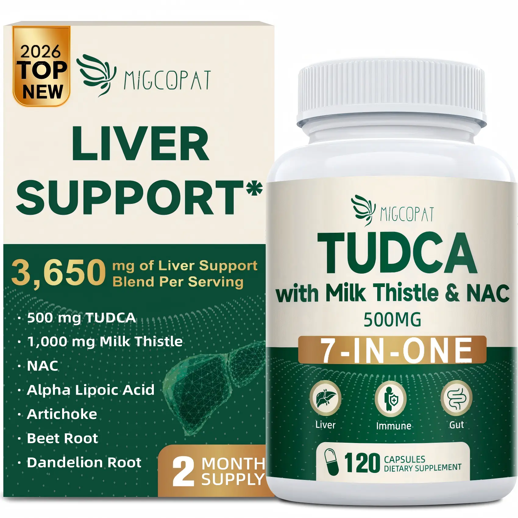 Migcopat 7-in-One TUDCA Supplement, 3650mg with Milk Thistle, NAC, Alpha Lipoic Acid, Dandelion Root, Bile Salts TUDCA for Liver Cleanse Detox & Repair, Bile Flow and Digestive Support - 120 Capsules,#Summervibes