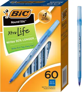 BIC Round Stic Xtra Life Ballpoint Pens Medium Point (1.0mm) Blue 60-Count for Writing Comfort