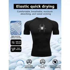 Men's Male High-Performance Round Neck Snug Fit Sports Compression T-Shirt - Spider Print, Moisture-Wick, Breathable, All Seasons - for Cross-Training, Weightlifting