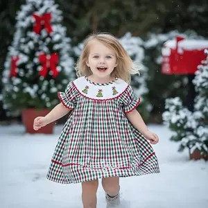Baby Girls' Christmas Gingham Dress - Ruffled Collar & Tree Embroidery 3M-3Y, Red-Green-White Gingham, Soft Polyester, Perfect for Festive Outings
