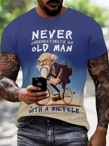 3D Grandpa Riding Bike Summer T-Shirt, Casual Short Sleeve Top, All over Print, Slim-Fitting, H-Type Silhouette, Fashionable Summer Wear