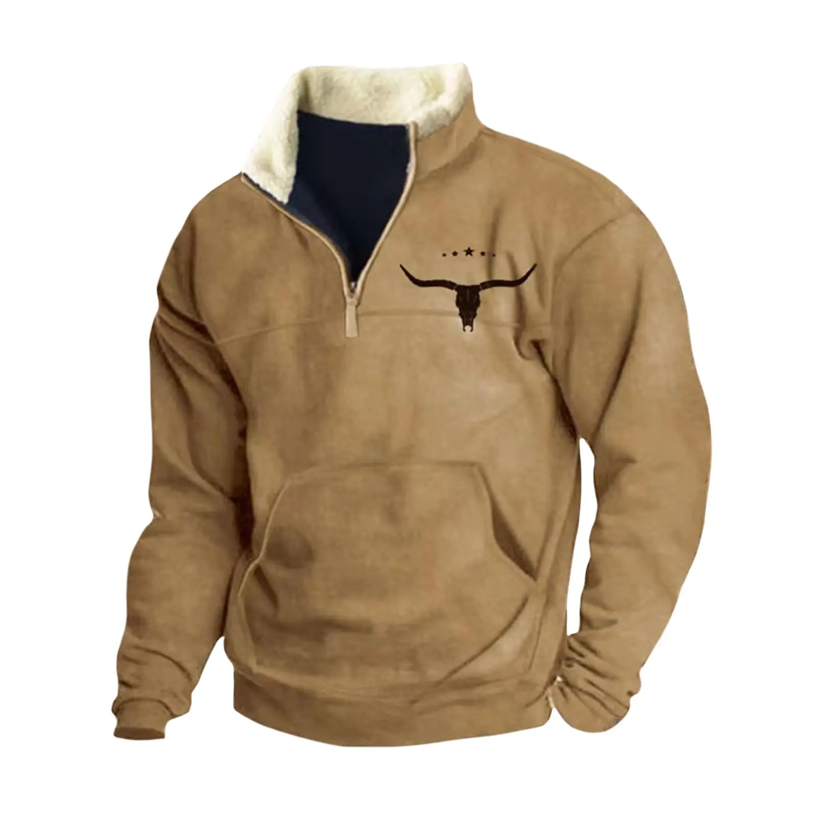 Men's Western Fleece Jacket Cowboy Bull Head Print Pullover 1/4 Zip Stand Collar Long Sleeve Sweatshirts Zipper Menswear Casual Stylish