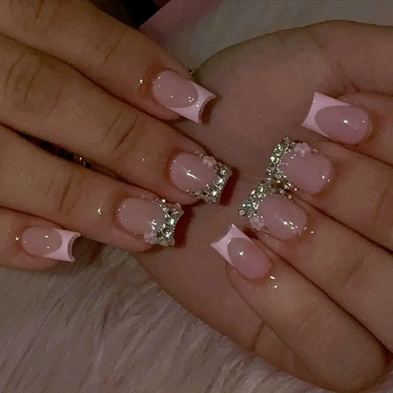 Flower Decor Square Fake Nail, Decorative Nails, 24pcs Elegant Bling Rhinestone Nails Decorated Fake Nail with Nail File & Jelly Glue, Removable Full Cover Artificial Fake Nail, DIY Nail Art