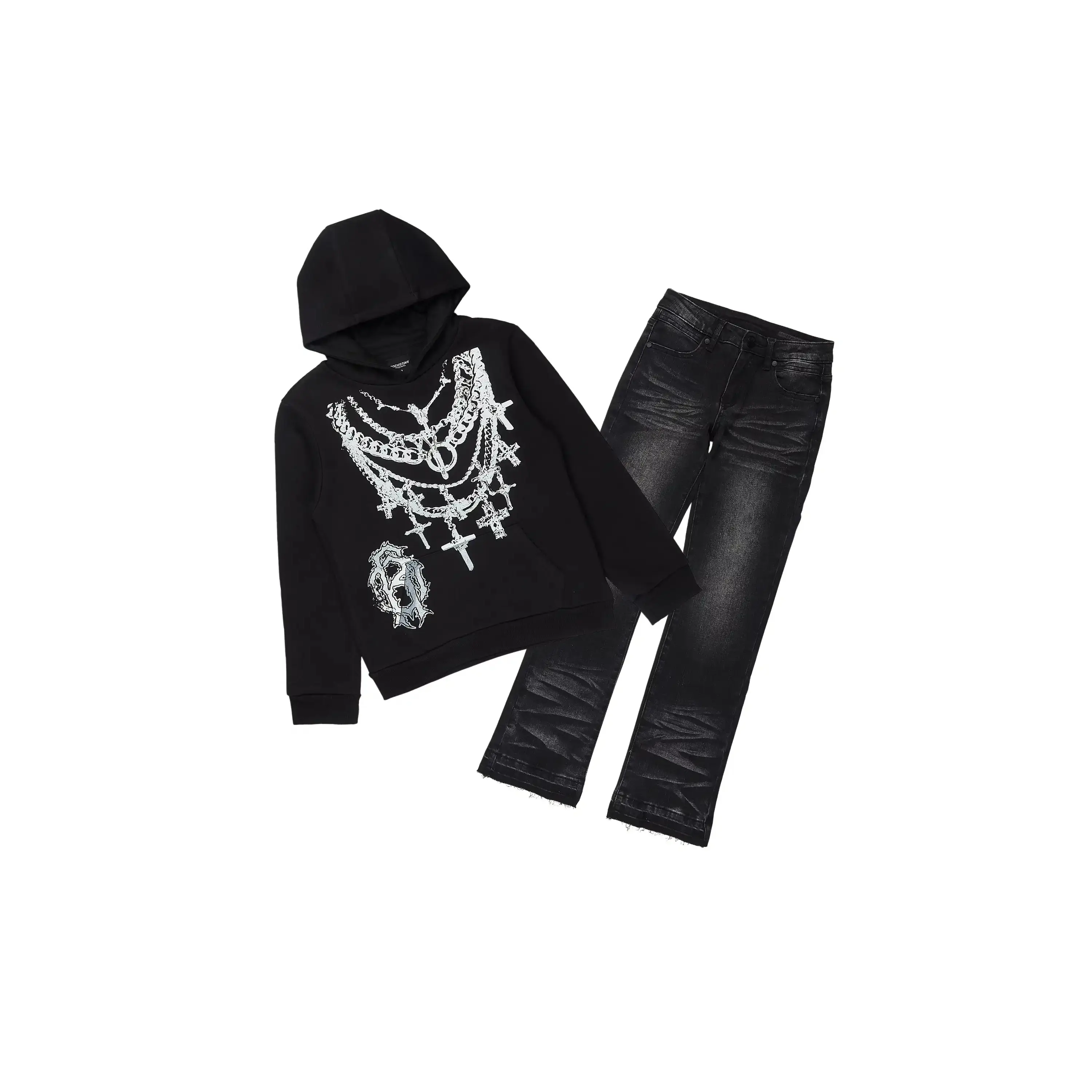 Boys Nyro Black/Grey Hoodie/Stacked Jean Set Boys Nyro Black/Grey Hoodie/Stacked Jean Set