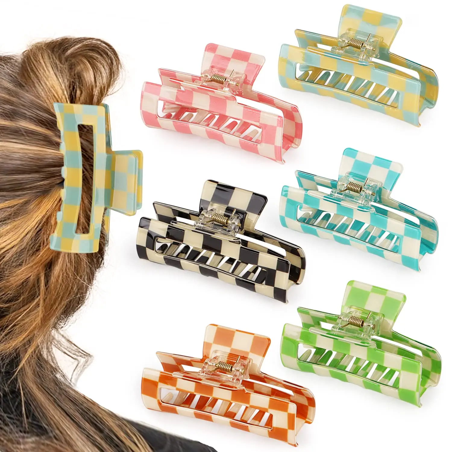 6 Pack Checkered Hair Claw Clips Set,3.1" Multicolored Square Medium Non-Slip Claw Clips,Strong Hold for Women Girls Long Short Thin Hair,Halloween Christmas Party Gifts,Hand Tools Kits