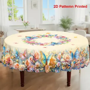 1pc, Spring Summer Themed Party Tablecloth, Picnic Table Cover, Colorful Butterfly Rose Floral Printed Design, Rectangular/Round/Oval Table Cloth, Embossed Edge, Suitable For Picnic Dinner Kitchen Dining Room Decoration