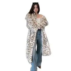 Women'S Leopard Print Faux Fur Coat, Casual Long Sleeve Waterfall Collar Fuzzy Coat For Fall & Winter, Women'S Clothing For Daily Wear