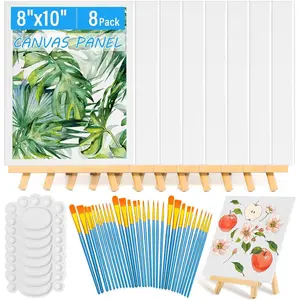 54 Pack Canvas with Easel Set 8 x 10 Inch Canvas Boards with Wooden Easels Paint Brushes Canvas Panel Painting Kit for Acrylic Oil Watercolor Beginners Art Crafts Sip and Paint Party
