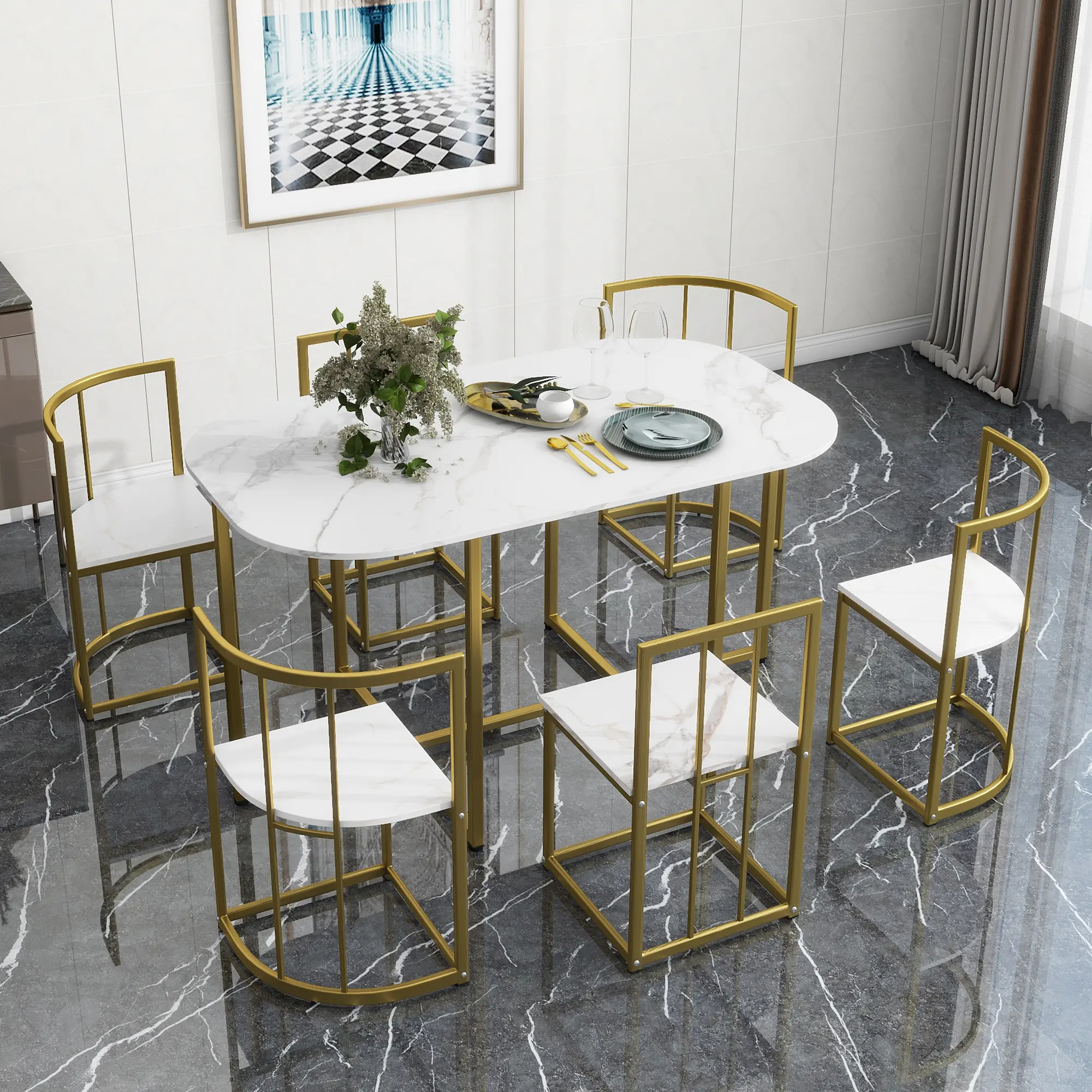 7-Piece Modern Dining Set for 6, 53.5" Semi-Circular Table with 6 Comfortable Chairs, Space-Saving Design with Triangular Seats & Semi-Circular Backrests, Sturdy Iron Frame + MDF, Adjustable Feet, Dining Table Set for Small Spaces
