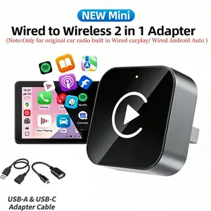 Wireless CarPlay, USB Carplay Adapter 2-in-1 Android Auto Adapter with 5.8GHz Dual Band Transmission Built-in Smart Voice Control Original SteeringKnob/Touchscreen Operation for iPhone 6+/iOS10+ Overseas Android Vehicles Plug and Play