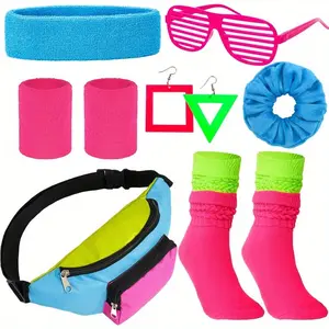 7Pcs 80s Neon Costume Set, 80s 90s Leg Warmers Yoga Headband Wristband Fanny Pack for Women