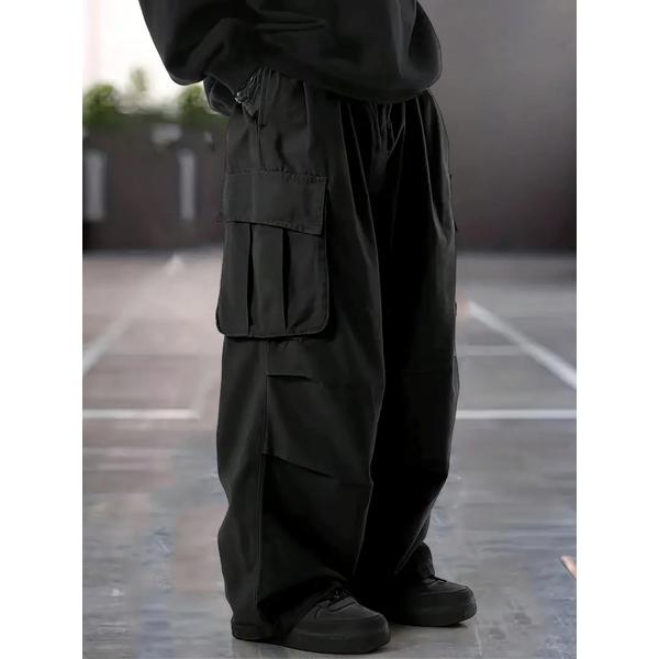 Men's Black Oversized Cargo Pants, Techwear Baggy Multi-Pocket Streetwear Trousers