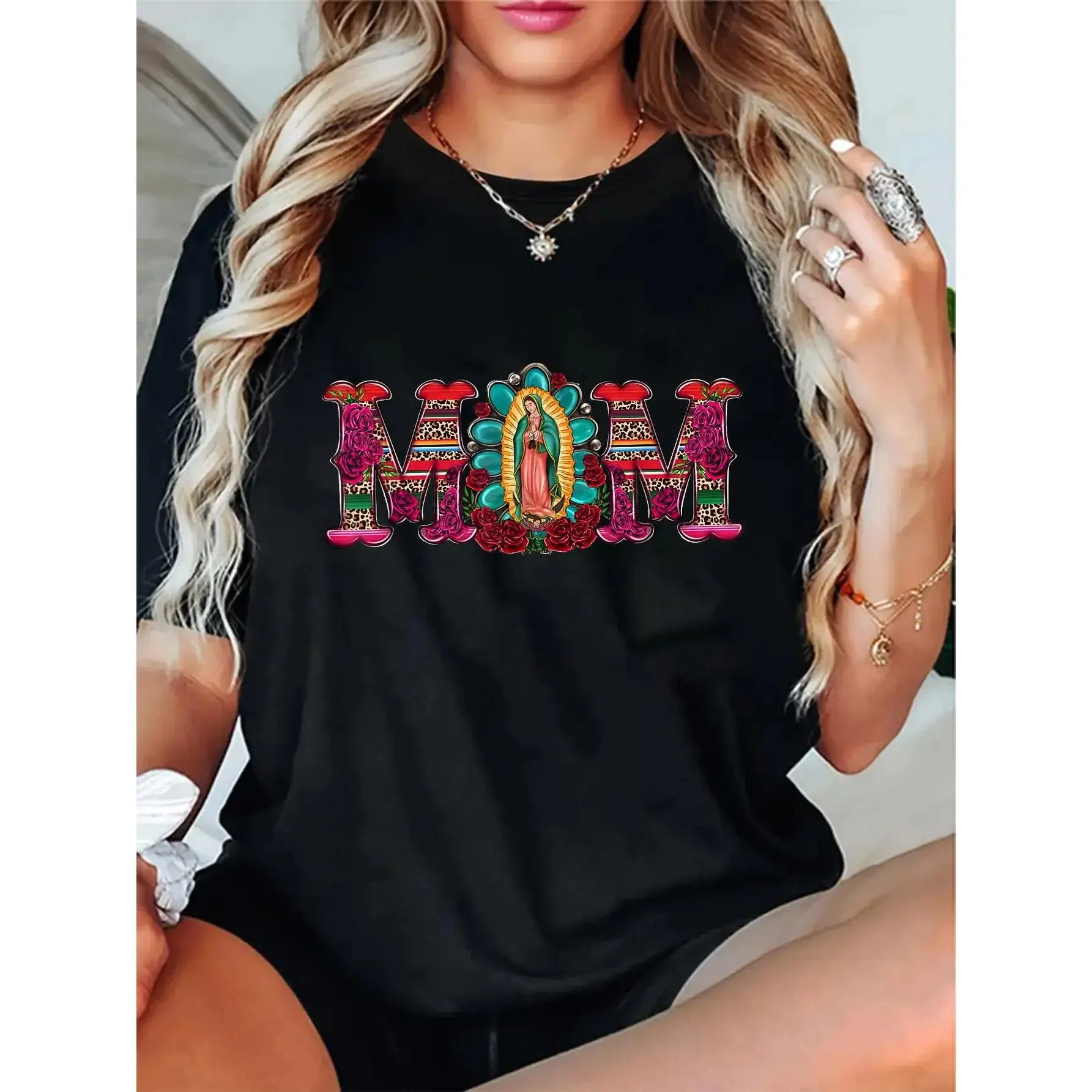 Unisex Virgen De Guadalupe Printed Round Neck Cotton T-Shirt - Loose-Fit, Lightweight, Breathable, Soft Casual Athletic Fashion Top for Summer Beach, Back to School (Father’s Day Gift Option)