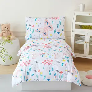 Girls Floral Comforter Set Twin Size 4 Pieces Botanical Flower Bedding Set Butterfly Pattern Teens Kids Bed in a Bag with Sheets for All(White, Twin)