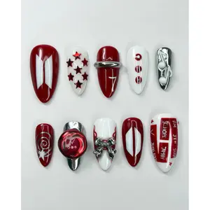 OT7 Concert Press On Nails, Red and White ARMY Fandom Fake Nails, All Member Names Custom Nail Art, 3D Silver Chrome Kpop Merch