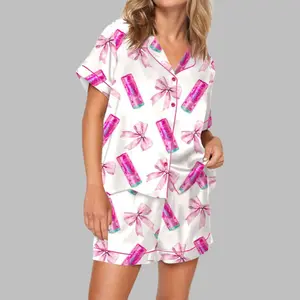 Energy Drink Coquette Pajama Set Women, Stylish Beverage Print Sleepwear, Short Sleeve Silky Lounge Outfit Gift