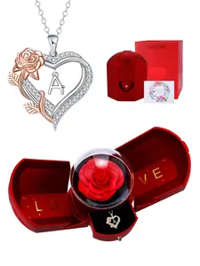 Luxury Rose Box With Rose Heart Initial Necklace for Women, Love Necklace, Letter Alphabet Heart Necklace, Anniversary Birthday Jewelry Gifts for Wife Mom Girlfriend