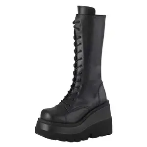 Black Wedge Platform Lace Up Combat Knee Mid Calf Gothic Boots for Women Round Toe Comfortable Fit Versatile Style Casual Footwear