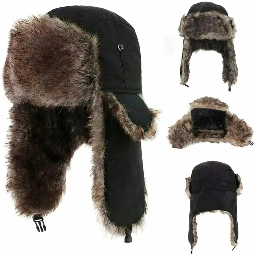 Unisex Winter Trapper Hat, Waterproof Russian Aviator Cap with Faux Fur Lining and Ear Flaps, Pilot Hat, Streets, Ear Flaps With Fastening Chin Strap, Furry Hat