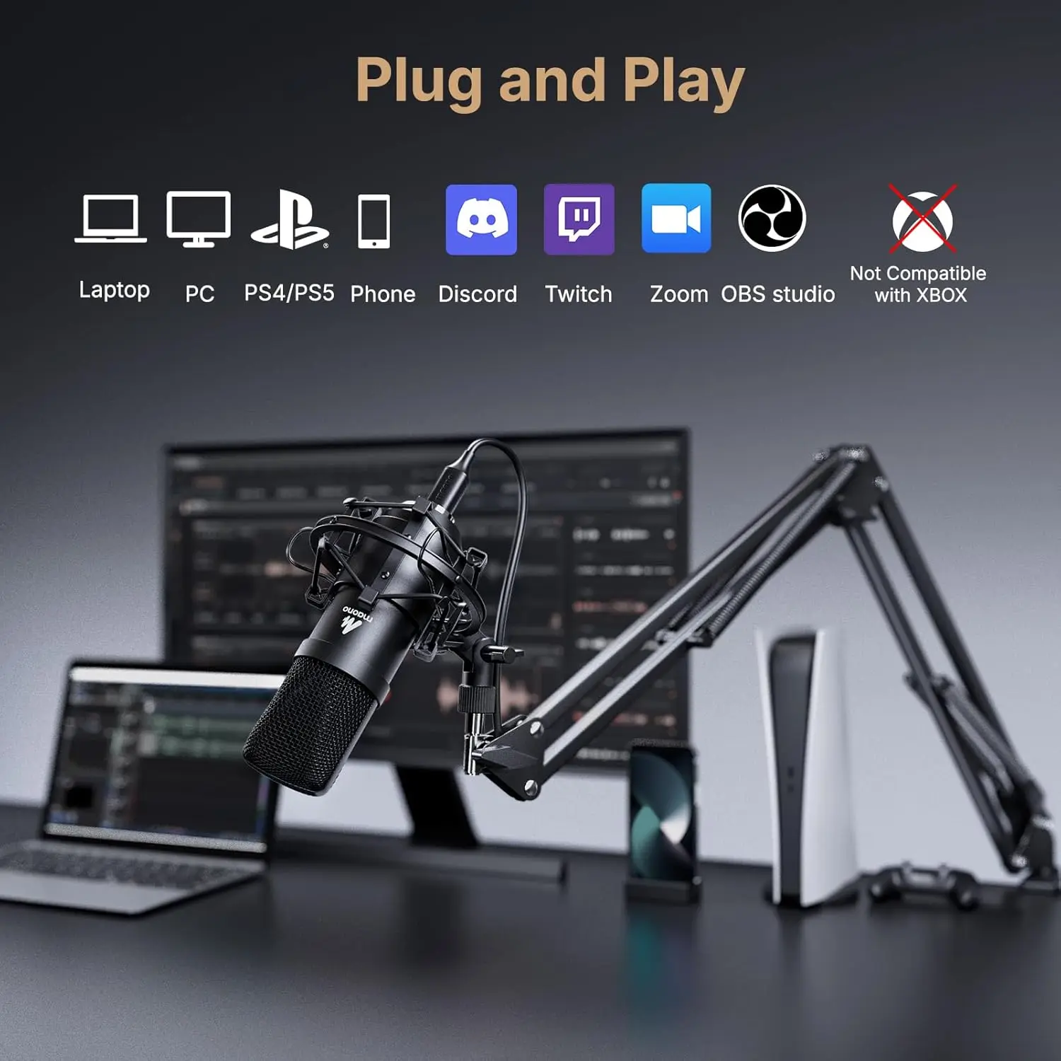 MAONO USB Microphone, 192kHz/24bit Plug & Play PC Computer Podcast