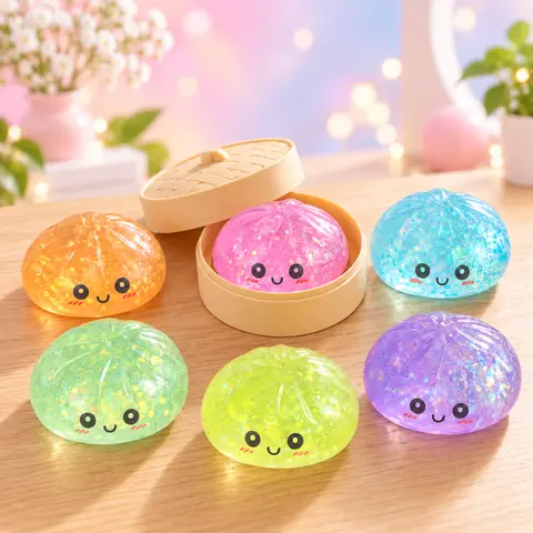 [Blind Box ] 2026 Glitter Dumpling Squishy with Steamer Box, Soft Sensory Fidget Steamed Bun Squeeze Tool for Adult Stress & Anxiety Relief, for Home Office Party, Squishy Box, Dumpling Box Squishy
