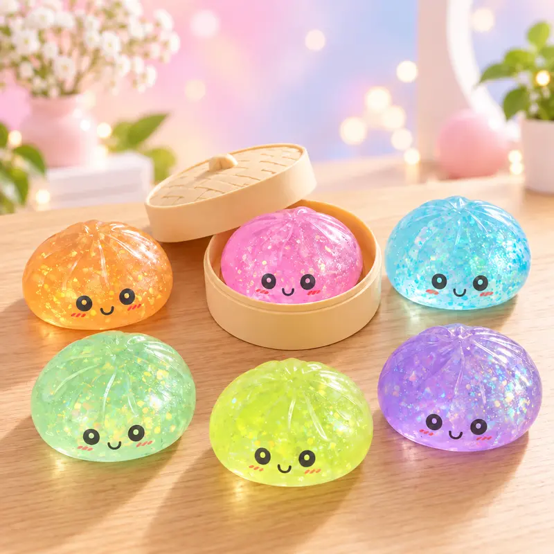 [Blind Box ] 2026 Glitter Dumpling Squishy with Steamer Box, Soft Sensory Fidget Steamed Bun Squeeze Tool for Adult Stress & Anxiety Relief, for Home Office Party, Squishy Box, Dumpling Box Squishy