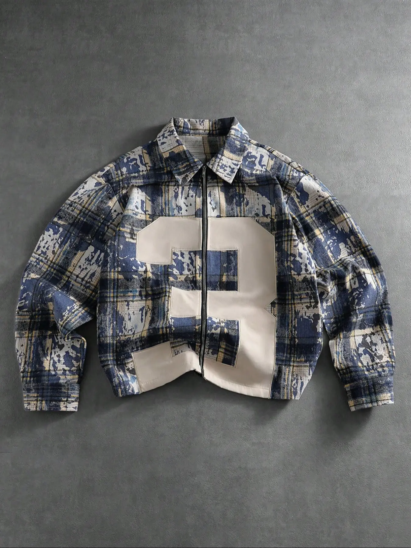 Men's High Street Style Casual Graffiti Splatter Plaid Long Sleeve Long Jacket Coats, Blue Graffiti Plaid + Large Number Patchwork, Loose Lapel Collared Version, Vintage Fabric, Trendy Outerwear