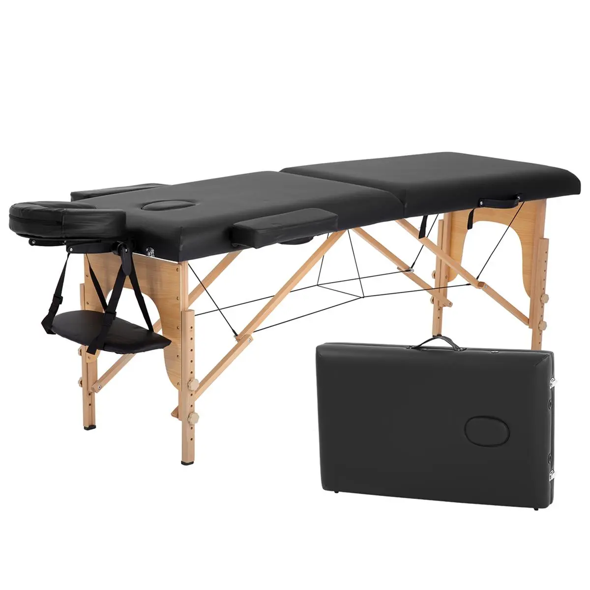 24/7 Shop At Home Matthew Contemporary Black and Brown Faux Leather Portable Folding Massage Table with Adjustable Height, Armrests and Respiratory Pillow for Bedroom, Massage Room