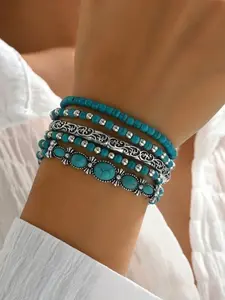 Western cowboy style retro Turquoise imitation beaded bracelet set, 5 pieces of elastic cord jewelry, suitable for everyday wear, vacation dates, and other occasions, and also makes a delightful and exquisite small gift.