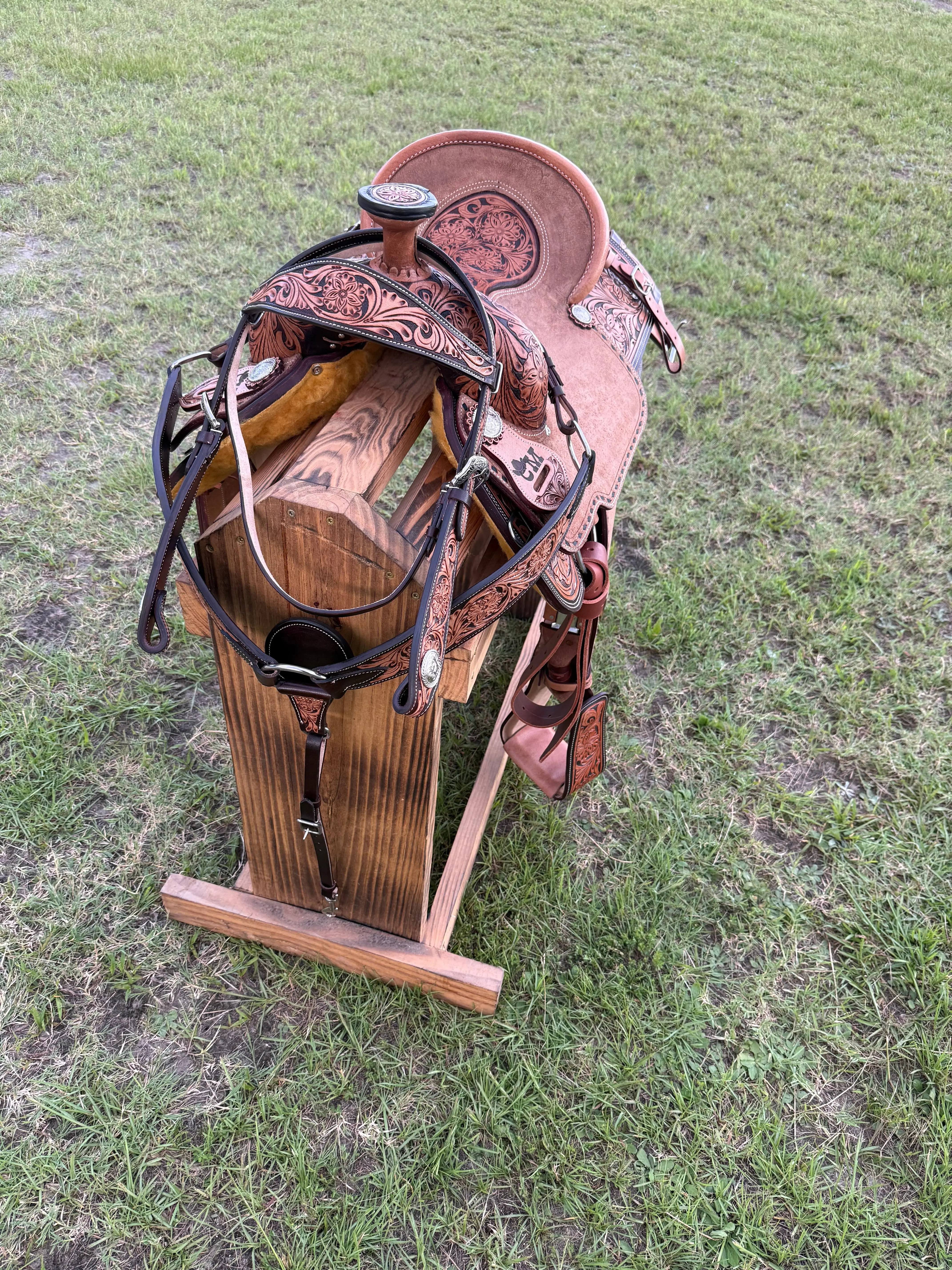 Custom Half-Tooled Roughout Team Roping Saddle with Tooled Bicycle Inlay Pencil Roll Seat & Matching Tack Set
