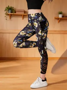 One-piece women's high-waisted, high-elastic mesh patchwork dance pants, floral print design tight sports pants, yoga pants
