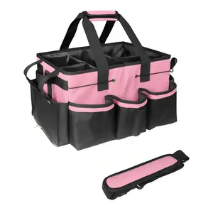 Multi-Pocket Cleaning Bag with Adjustable Dividers, Waterproof Home Clean & Car Care Organizer, Thick Shoulder Strap, Handle and Waist Belt With Pouch