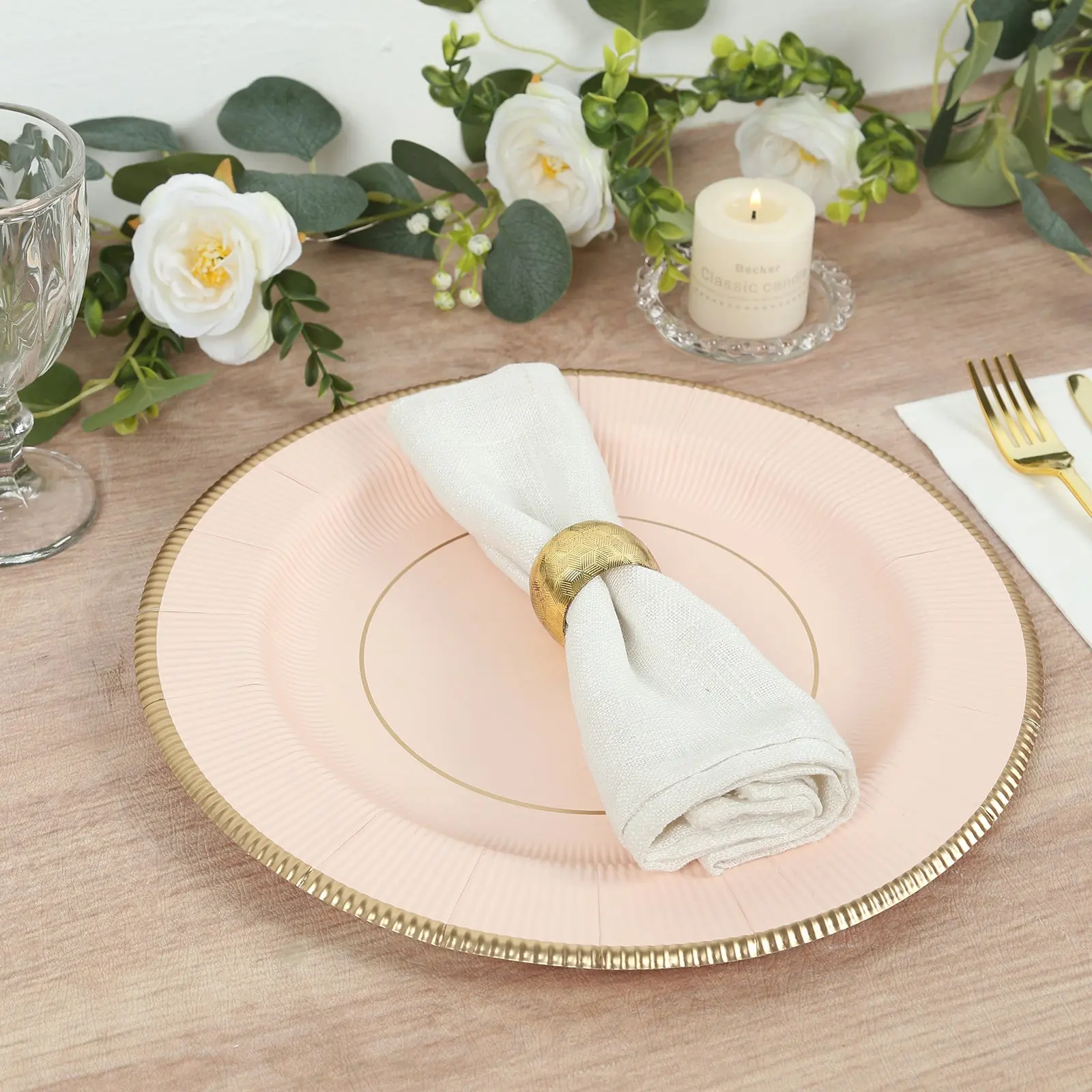 25-Pack Disposable Round Charger Plates in Blush Sunray Design with Gold Rim - 350GSM Heavy Duty Paper Chargers 13"