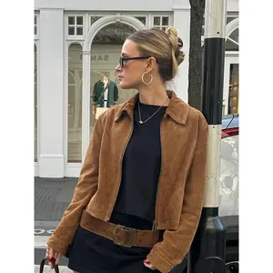 Women's Suede Velvet Lapel Long Sleeves Jacket, Fall Winter Casual Zipper Coat, Comfortable Windproof Basic Outerwear for Ladies