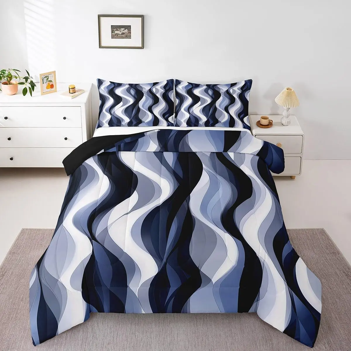 Feelyou Navy Blue Striped Decorative Bedding Set - Modern Geometric Microfiber Duvet Set, Breathable Multi-Size Quilt with Minimalist Flowing Stripes, Breathable Duvet Set