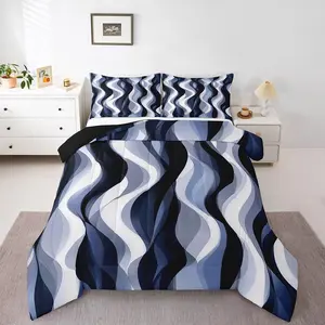 Navy Blue Striped Bedding,Modern Geometric Abstract Navy Comforter Set,Minimalist Flowing Fluid Stripes Quilt