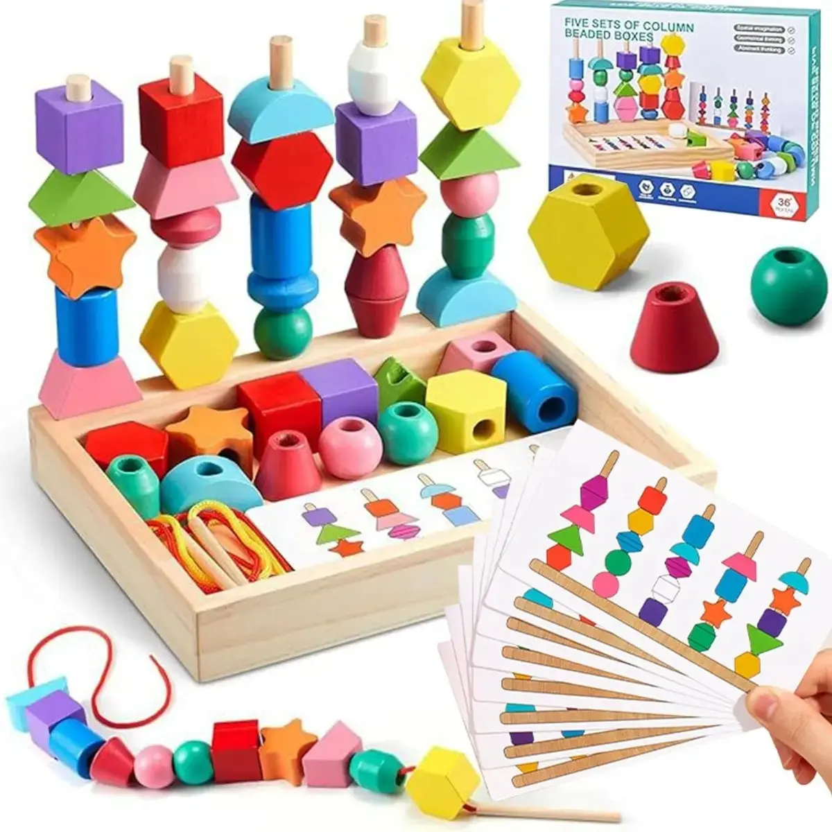 Fun Party Activity Puzzle Toy, Wooden Rainbow String Beads, Geometric Matching Cognitive Building Blocks, Shape Sorter, Educational Kids Toy