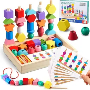 Fun Party Activity Puzzle Toy, Wooden Rainbow String Beads, Geometric Matching Cognitive Building Blocks, Shape Sorter, Educational Kids Toy