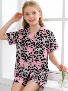Kids Pajama Set, Fire-Resistant Knit Fabric, Casual Leopard Print, Button Front Short Sleeve, Loose-Fitting, All Seasons, Leopard Print Pajamas, Leopard Print Sleepwear