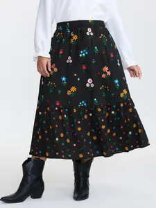 【Summer Turn-Up】【Baggy】BlOOMCHIC plus size Colorful Floral Print Drawstring Midi Skirt - Black Tiered Rayon Tunic with Side Seam Pocket for Playful Style [M-6X] 2026 Summer Pick for Mother's Day
