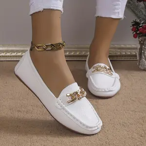 Women's elegant loafers, metal chain embellishments, casual flats, stylish and comfortable slip-on shoes