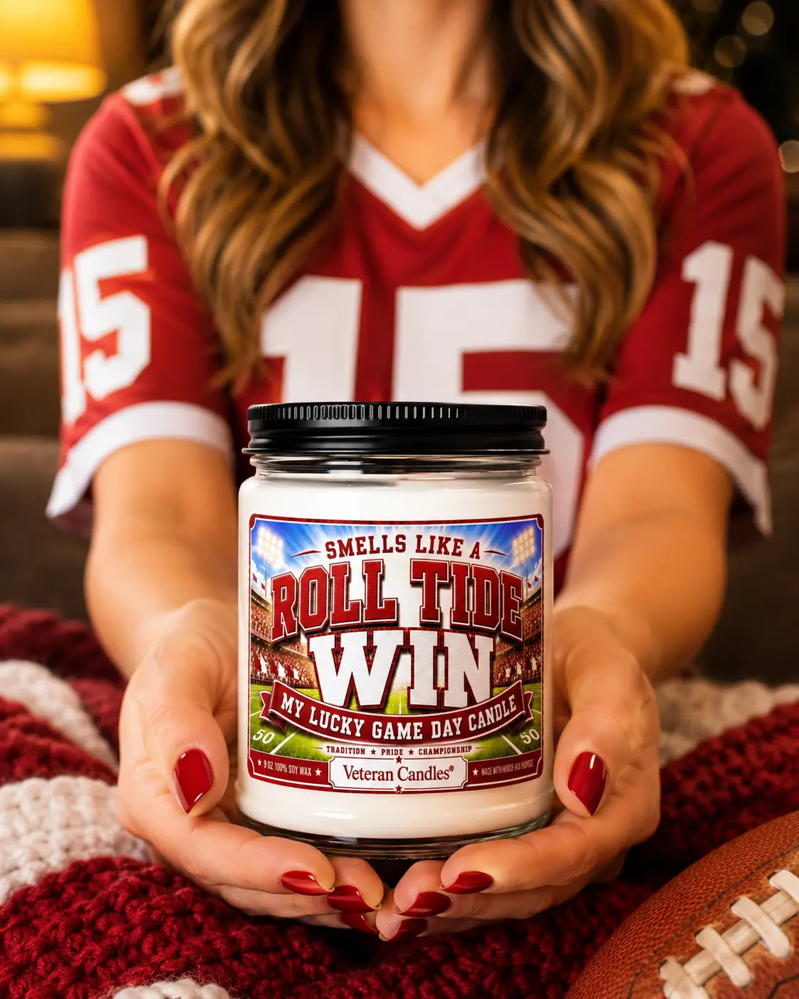 Alabama Lucky Game Day Candle | Red & White Football Fan Gift | 9oz Soy Candle