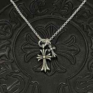 Vintage Thai Silver Double Cross Sweater Chain | Premium Retro Long Necklace Unisex Jewelry