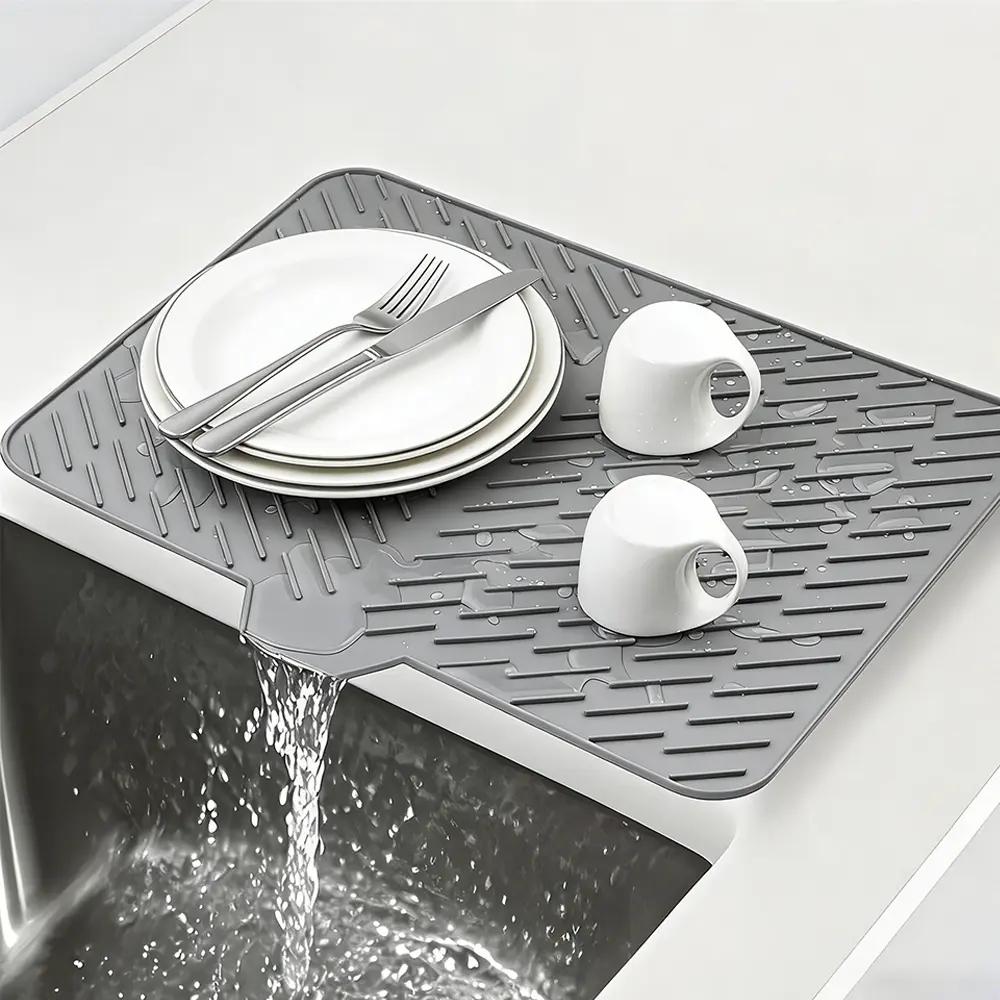 Gray Modern Stone-Style Reusable Silicone Dish Drying Mat - BPA-Safe, Heat-Resistant, 23x17 in, Non-Slip 1-Piece Silicone Placemats & Coasters, with Drain Port for Kitchen Counter Tableware, Reusable Silicone Mat, Non Slip Placemats & Coasters
