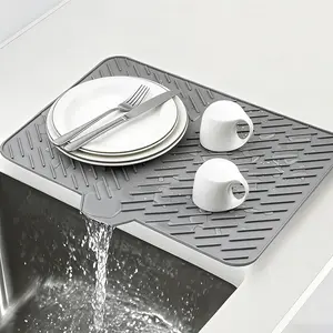 Dish drying mats for kitchen counter, Silicone dish drying mat ,Heat resistant mats for countertop,With drain port ,Stone drying mat for kitchen counter (23inchx17inch, gery)