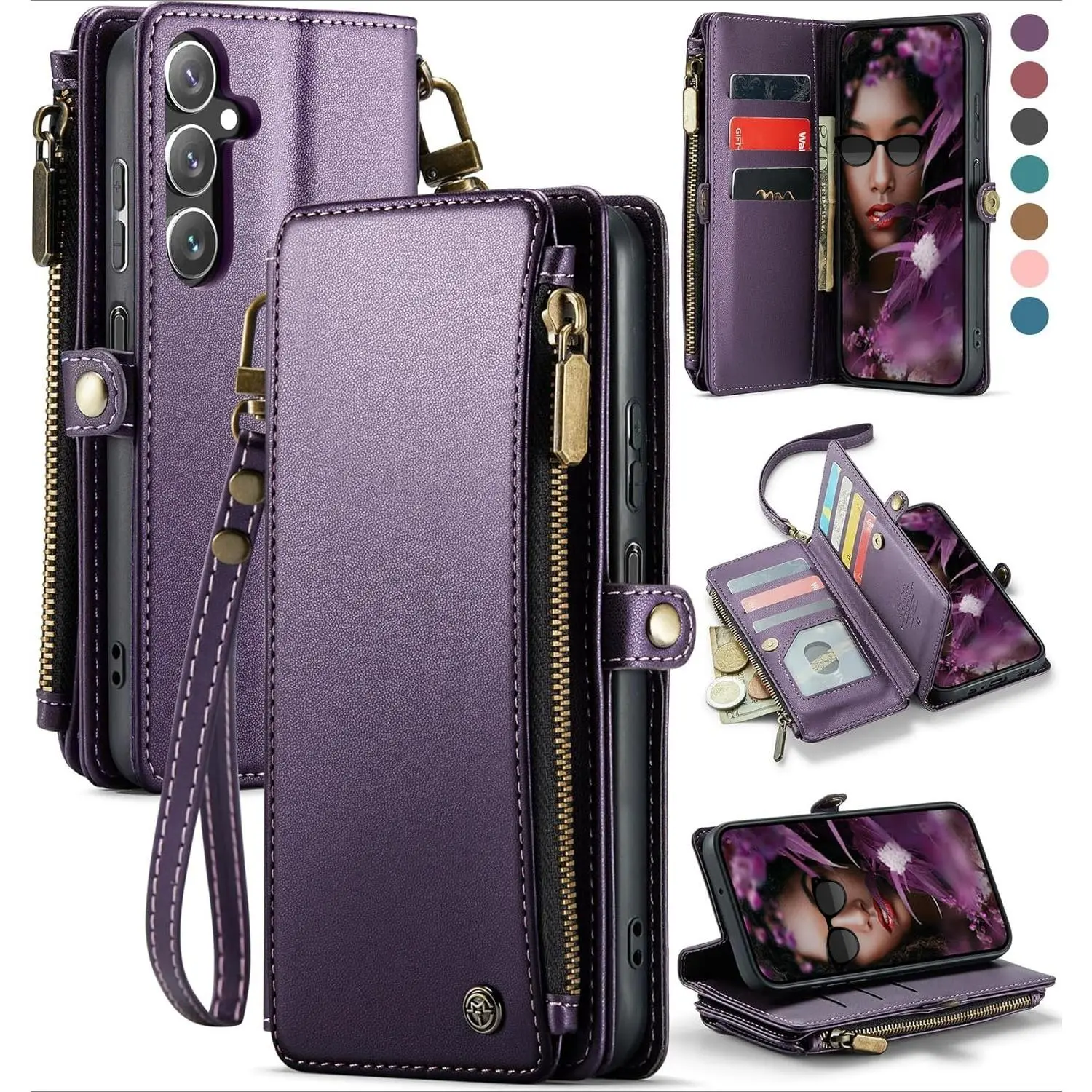 PU Leather Smartphone Wallet Cover for Samsung Galaxy A16 5G - F-PCS37 TPU Accessories, Women's Handheld RFID Blocking Card Holder with Magnetic Snap, Flip Zipper Strap, Cash Protection (Purple)