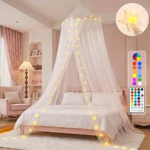 Obrecis Bed Canopy with LED Star Lights, Princess Canopy Bed Curtain with 18 Colors Changing String Lights Remote Timer for Girls Bedroom, Pink Red Blue White Dome Canopy for Twin to King Size Bed
