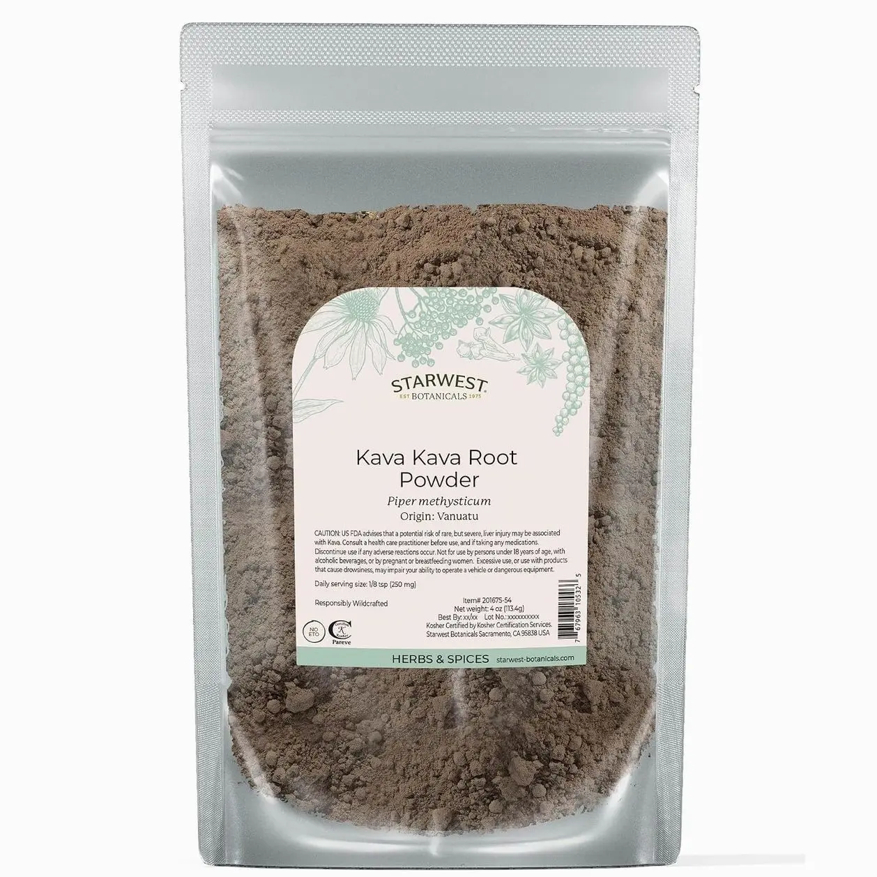 Starwest Botanicals Kava Kava Root Powder - Dried Herb for Tea & Beverages, Promotes Calm, Natural Piper Methysticum, Wildcrafted, Finely Ground, Certified Kosher - 4 oz Pouch