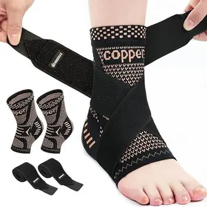 2PCS Copper Ankle Brace Adjustable Compression Sleeve (Pair)-Ankle Brace for Women & Men, Ankle Compression Sleeve Support Copper Infused Ankle Brace for Sprained Ankle, Plantar Fasciitis Sports, Achilles Tendonitis Pain Relief, Copper Black,