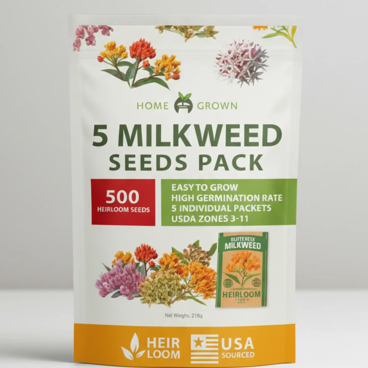 Milkweed Flower Seeds - 500+ Heirloom Perennial Wildflower Seeds (5 Individual Asclepias syriaca Varieties) for Butterfly Garden, Pollinator Pathways, Habitat Restoration, Grows in Zones 3-10, Natural Blooms